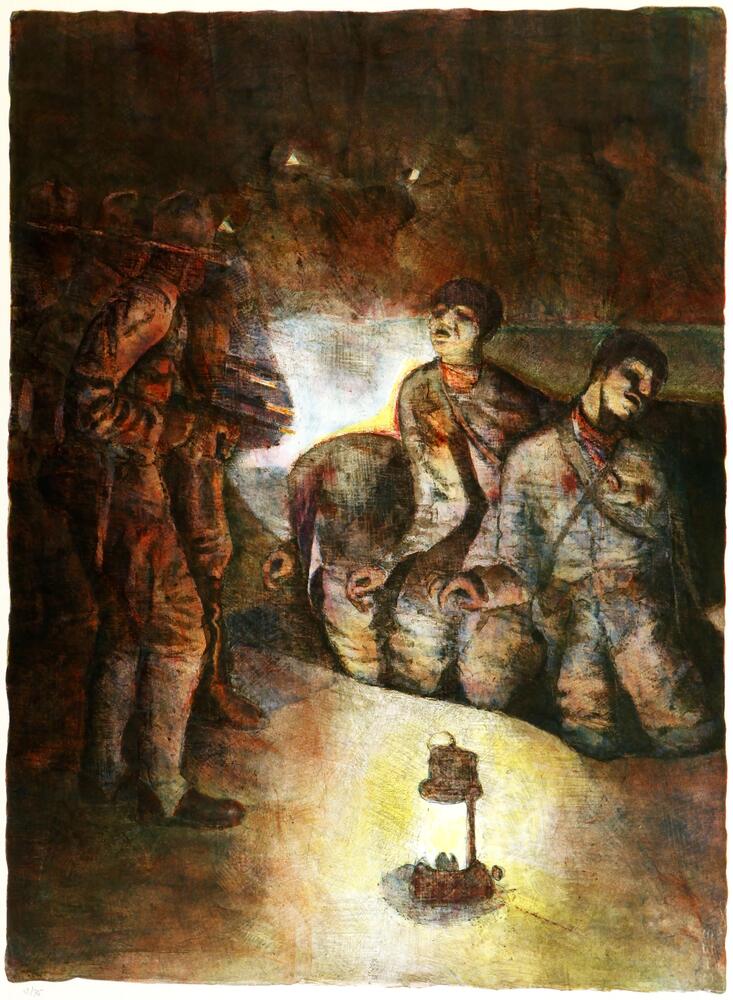 Three kneeling men are being executed by soldiers. The soldiers are wearing masks and holding guns.