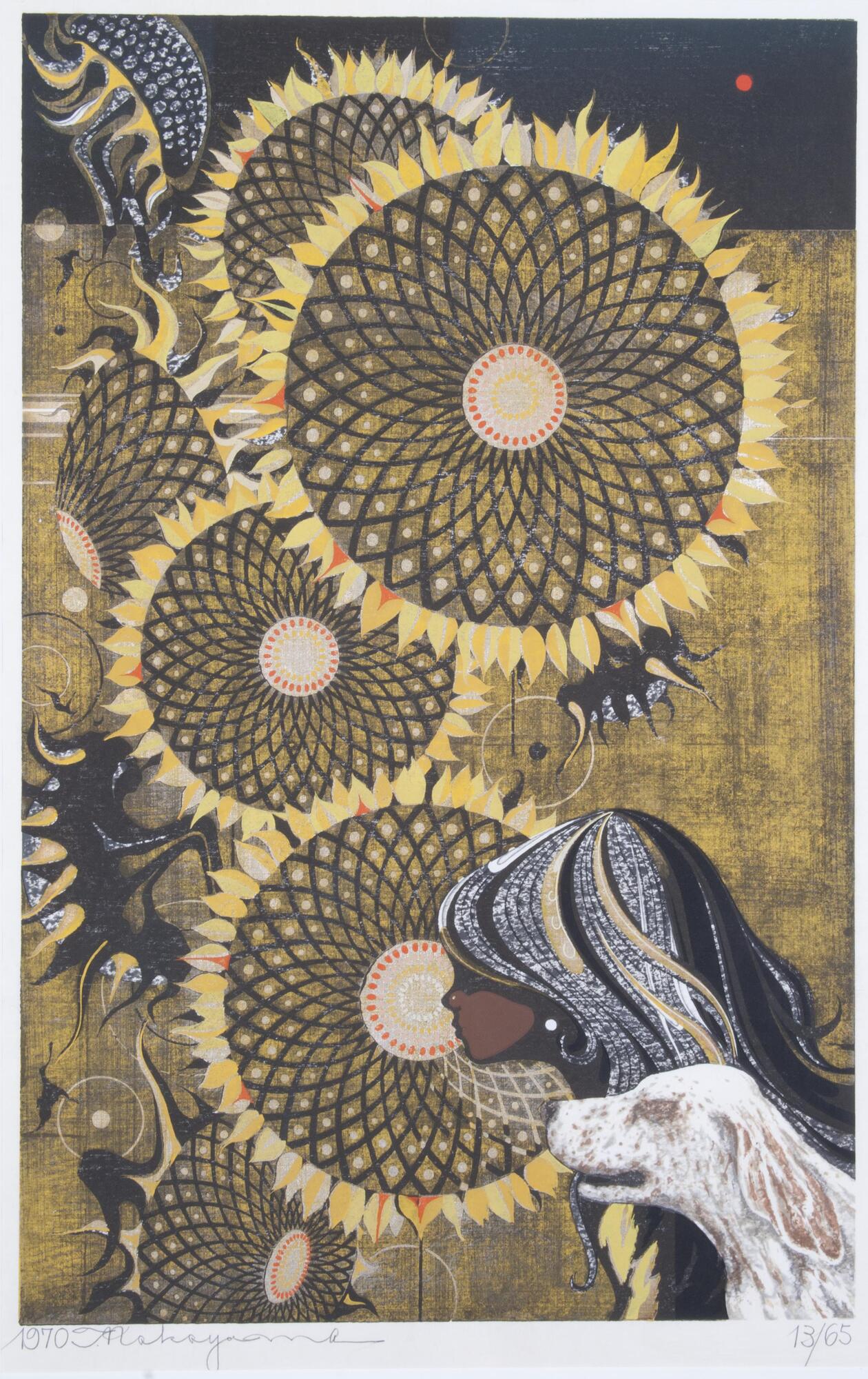 A girl with her head and body in profile, her head stretched in front of her body. Her black hair is highlighted with white, brown, and gold strands. She is wearing black and gold clothing and a white dog is beside her. Surrounding them are many sunflowers against a gold background.