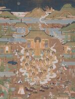 At the center of the mandala is Amidha Buddha, surrounded by other golden holy figures on clouds, indicated by the rings around their heads.  On the ground surrounding the figures are seated men and women in variously colored robes. At the center and front of the holy beings is a man dressed in a grey robe seated under an awning. One of the holy figures is offering him a lotus blossom. <br />Behind the Buddha is a temple. To the left and right of this are partial views of smaller buildings. The background of the image also contains buildings and mountains, partially obscured by mist. Among the back mountains is a trail of clouds with other holy figures heading into the sky.