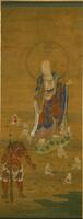 This painting depicts the bodhisattva Jizō standing by the bank of a river surrounded by children.  The majority of these are seated on the ground, creating small piles of rocks, but a few pull on the divinity’s robes. At a distance is a red demonic figure (oni) leaning on a staff with his arm outstretched over the water. 