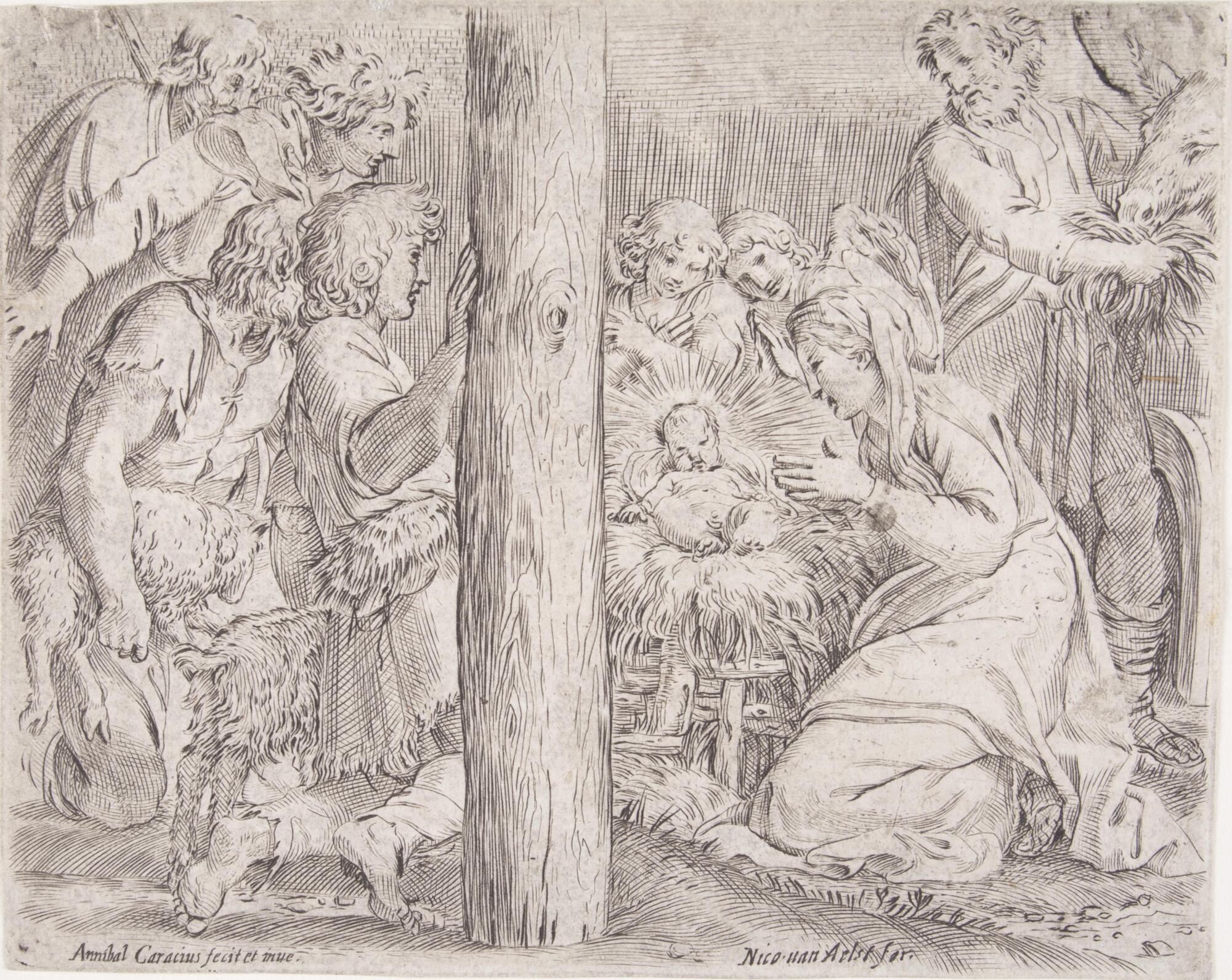 This black and white print depicts a scene with groups of figures separated compositionally by a large wooden post that is placed in the foreground of the composition, just left of center. Four male figures on the left look toward the scene on the right where a woman kneels in prayer before a child accompanied by two angels and a haloed man feeding hay to a donkey.