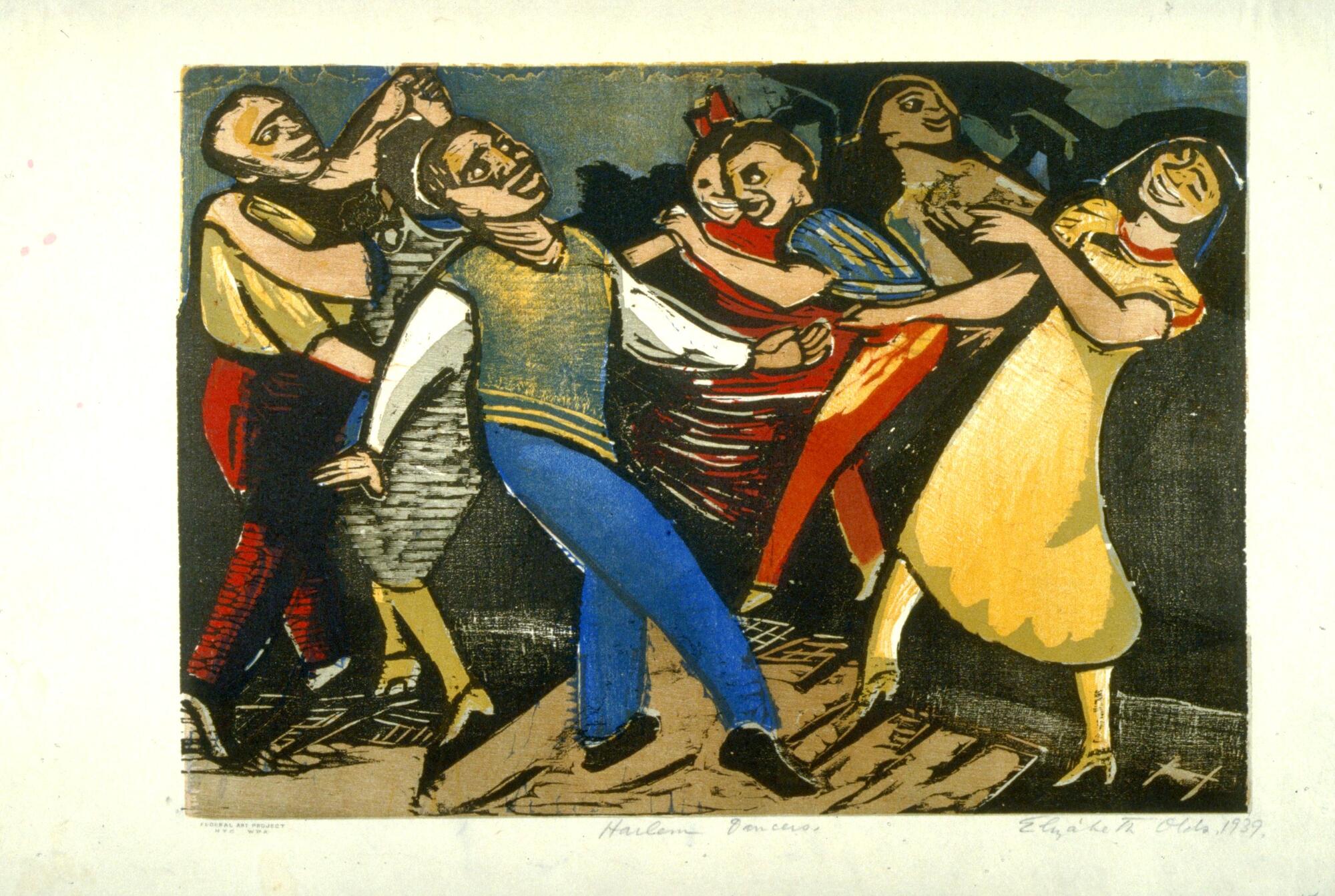 Seven figures wearing brightly colored clothes dance together in a room.
