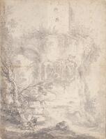 This drawing depicts a landscape with two figures against a tree in dark wash in the lower left foreground and a faintly washed mid-ground scene of a relief of a crowd of figures on an architectural element. An arch of an aqueduct and a faint castle tower somewhat in ruins appear in the background surrounded by lush foliage. <br />