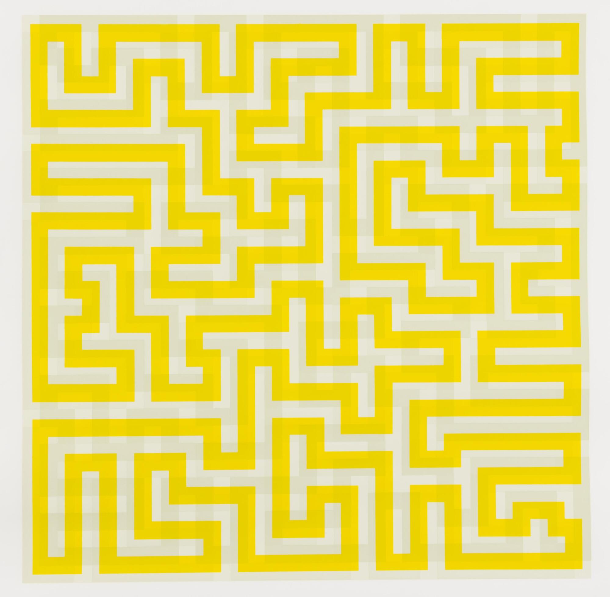 This work is a square, abstract composition with thick, overlapping yellow and gray lines in a labyrinthine pattern. The print is signed and dated (l.r.) "Anni Albers 1970." and titled and numbered (l.l.) "Yellow Meander 51/75" in pencil.