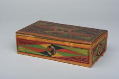 Lidded box covered in paper. The exterior is decorated with flowers and butterflies in green, red, and gold. There are no designs on the interior paper. The smallest of three nesting boxes.