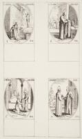 Four oval illustrations of different scenes of saints helping others.