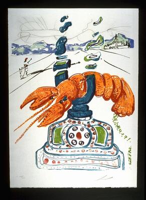 At the center of the page, there is a bright red and orange lobster as the receiver for an old dial telephone, in blue, green and red. There are thin black lines moving back from the center sides to the horizon, where there is a blue and green mountain range and a small city with a church cross at the upper right. To the left, there are sketchy drawings of figures with a strong shadow in black with red details. The print is signed (l.r.) and numbered (l.l.) in pencil.