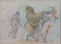 Scene of three nude people (two women, one man) and a skeleton in a room next to a bathroom that is sketched on the left hand side of the scene. The skeleton is wrapping itself around the younger woman while the older woman, in darker and more opaque colors tries to free her. The man in the back is depicted as much smaller and week, lagging behind.