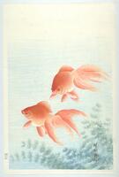 This print depicts an aquatic scene with two goldfish and vegetation. To the right and bottom edge is the underwater vegetation. In the middle are two goldfish both looking to the left. There is a signature in the bottom right obscuring the vegetation. The signature is followed by a red seal.&nbsp;