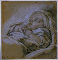 This is a square format drawing done with white and black chalk against a grayish background. It shows a sleeping infant, wrapped in cloth, with hands clasped on its chest. <br />