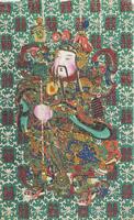 The right panel of a diptych featuring a figure with white skin and a long thin beard and moustache. He is dressed in an elaborate robe and headdress. He is facing to the left and carries an ornamented staff.&nbsp;Background is a blue, red, and white silk pattern with a red &quot;double happiness&quot; character.&nbsp;