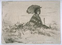 Seen slightly from below, a woman is seated in a landscape on a hillock. She is holding a dark, fringed parasol and has a shawl wrapped around her shoulders. Her face is partly shaded by the parasol; beside her to the left is a pot or container of some kind. Behind her to the right is a lone poplar tree and behind her to the left are some low buildings and indication of a stand of trees. The foreground is uneven, with tufts of grass sprouting up between the figure and the viewer.