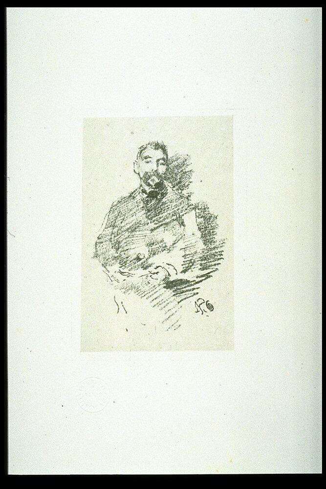 This image is a portrait of a seated man with short hair, mustache and goatee. There is no indication of surroundings, although the sitter must be near a wall, as his figure casts a shadow behind him to the right.