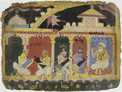 Krishna, in blue, and Balarama are portrayed in identical poses and wearing peacock-feather headdresses. The paunchy bearded figure at right is their mentor, Sandipani. Two other, older students appear at left. They are seated, approximately equidistantly spaced, in an architectural structure that organizes the space.