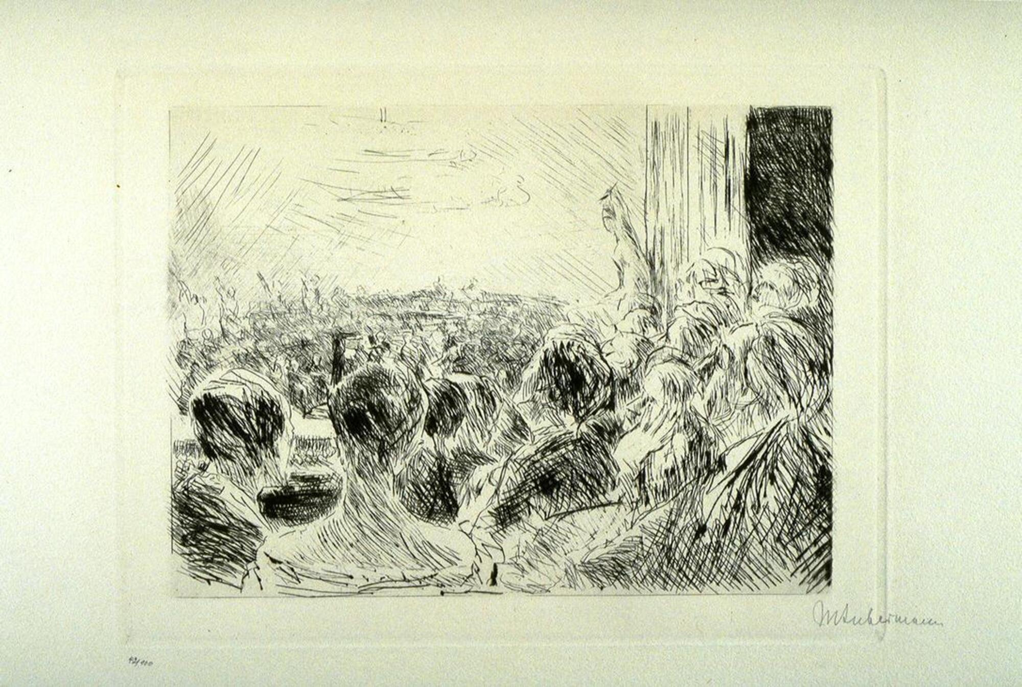 In the forefront both men and women are dipicted as watching the concert.  One man has his head resting on his hand.  At the center of the piece lies the orchestra, and more prominently the conductor.  The stage is surrounded by curtains.