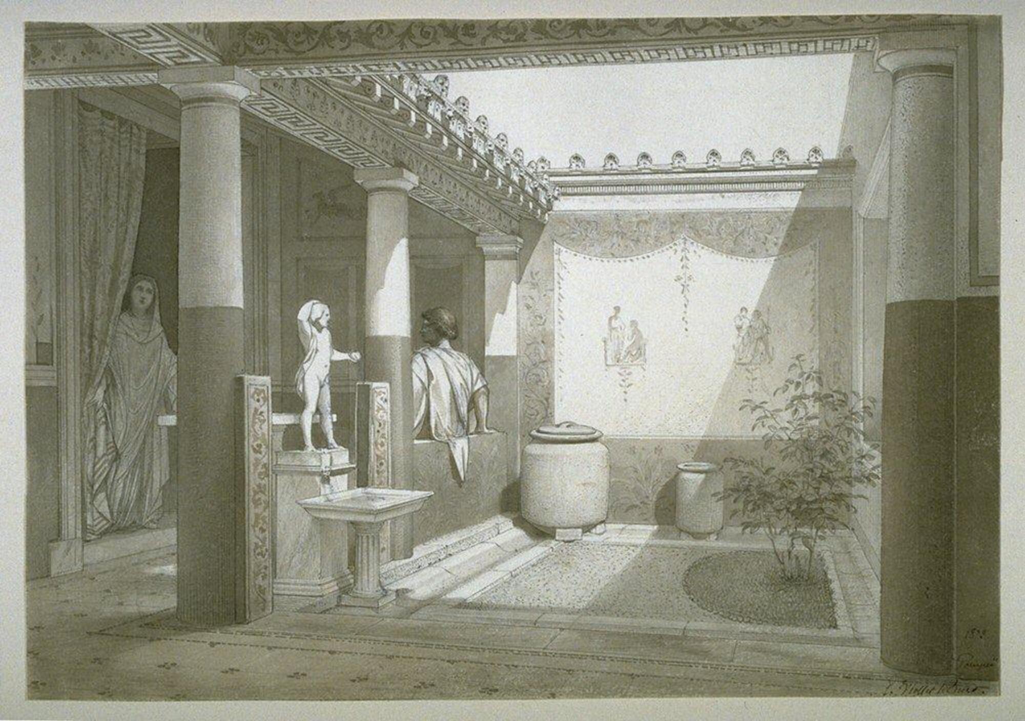An ink drawing in shades of gray with very exact detailing of objects and architectural elements in the scene. It shows the interior of a Roman house with sunlight streaming into an open courtyard with a fountain. The stone fountain has a square basin supported by a pedestal and a standing nude sculpture above it. One wall of the courtyard is decorated with floral designs and two figural scenes. A small bush is growing in a dirt area of the floor and there are two large vessels against the wall. Two figures are standing in a colonnade to the left of the courtyard. One is a woman dressed in a toga who is looking at a man dressed in a short sleeved tunic. The decorations of the floor, walls and ceiling depict ancient classical designs such as ascanthus leaves, meander and scroll patterns and the roof tiles have floral plume decorations and lion's head spouts.