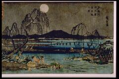The dark color pallette and the moon indicate that the image is set at night.  There are people standing in the water, bending over in search of fish. Others stand on the bank, helping with the fishing process. Also shown are the silhouettes of a bridge over the water and the mountains in the distance.