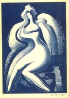 This print shows a light-colored, robust, abstract woman's figure against a dark blue background. The woman is sitting with her left leg bent inwards.