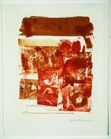 This print is made up of overlaying photographs in a reddish-orange tint. Spots of red also overlap each other, and the photographs, and there is a large horizontal swath of a deeper red along the top. The print is editioned, signed and dated in pencil (l.r.) &quot;31/36 RAUSCHENBERG 1962&quot;.