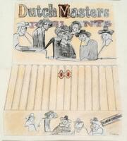 An open cigar box with the lid showing. The open lid has six heads of figures, of them wearing tall hats and some with torsos. The text "Dutch Masters" is above their heads and behind them is more text that is made illegible by their heads. A row of cigars in the box is below the figures. Two in the middle have a decorative element. The front of the cigar box is visible and shows five figures' heads and torsos. To the right is the text again, "Dutch Masters." Both this piece and the oil on canvas version by the same title were created in 1963 so it is possible this one is a proof for the final edition.