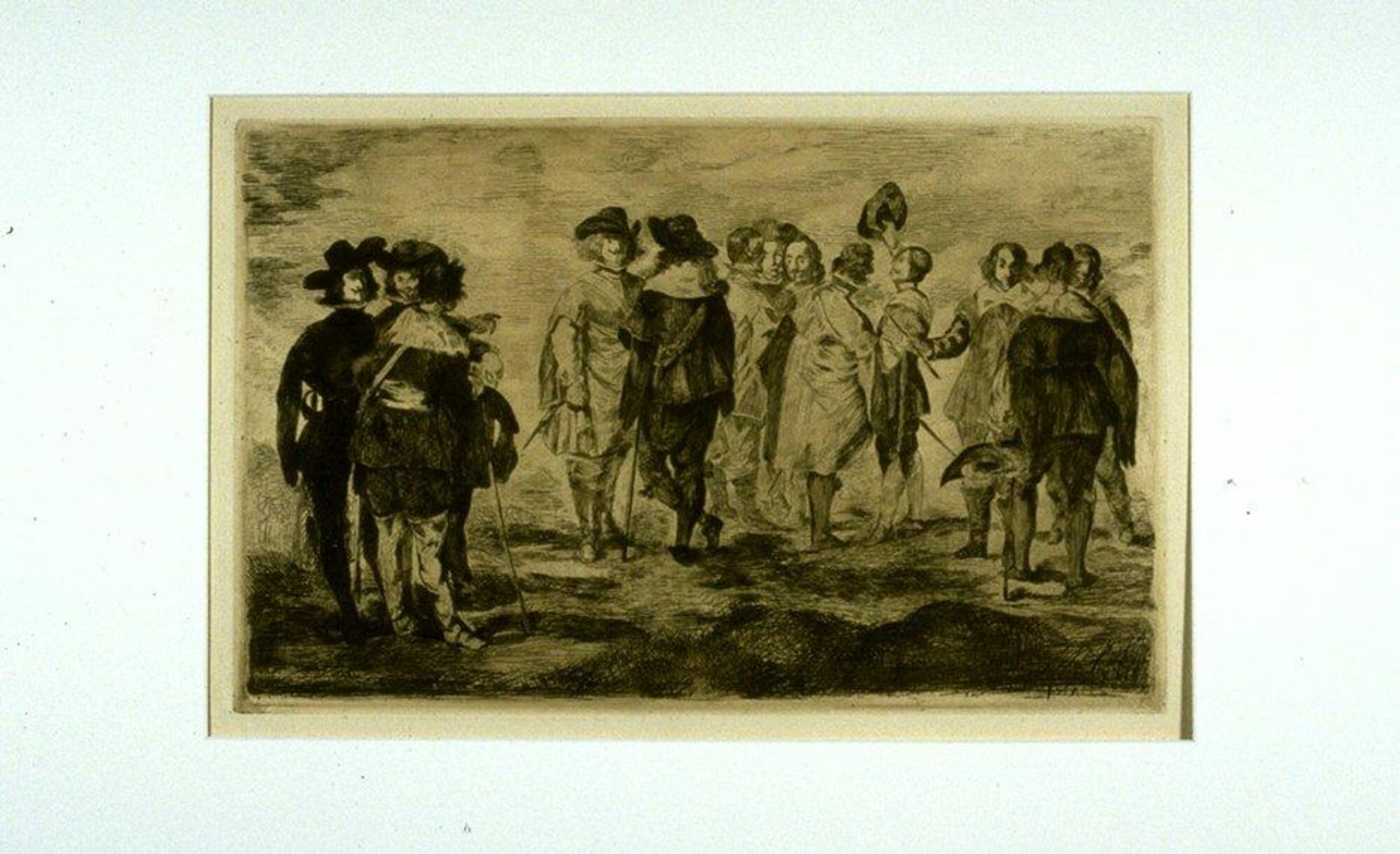 The image depicts thirteen men, arranged in three groups and facing in various directions, all standing in a generic outdoor setting. They wear seventeenth century-style costume consisting predominantly of black coats and trousers with white square collars. Several wear black hats, and one waves his hat in the air. The majority either carry or lean on swords. 