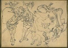 The artist sketches two men whispering to each other on the left-hand side of the drawing. Both of them have swords tucked into their belt, and the man on the left carries his belongings in a wrapping cloth (furoshiki). There are also sketches of several animals facing different directions. On the right-hand edge, there is a upside-down sketch of a woman dressed in kimono.