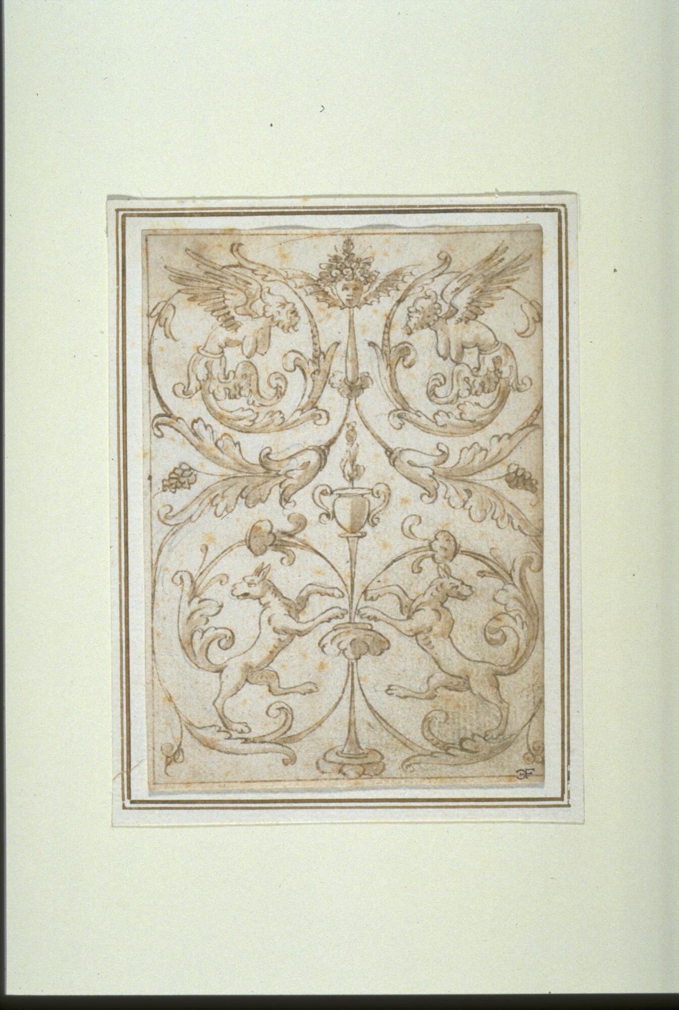 A decorative design based on curving arabesque forms around a central axis also incorporates gortesque figures.