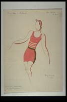 This is a drawing of a costume design on an off-white background. A faceless outline of a standing female figue (without hands or feet) is dressed in tight-fitting red shorts with a black waistband, and a tight-fitting sleeveless red and white striped shirt. 
