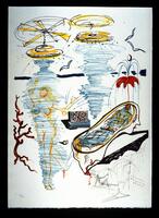 In this print, there are number of components. In the center, there are two blue tornadoes with black and yellow helicopter-hats. On the left, the tornado has a drawing of a nude woman within it, in yellow. Between these, there is a collaged image of a object that resembles a screen. To the right, there is a melting bathtub made of faces with a yellow-outlined figure. Below the bathtub is a series of line drawings in black with text. The print is signed (l.r.) and numbered (l.l.) in pencil.