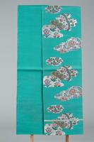 <p>Silk Turquoise fukuro (single sided) obi made of light material containing thin silver stripes and interwoven silver and floral brocades.</p>
