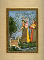 Two women are shown standing near a group of deer in a forest. One plays a stringed instrument while the other feeds leaves to one of the deer close by. A lotus pond is shown towards the bottom portion of the image.