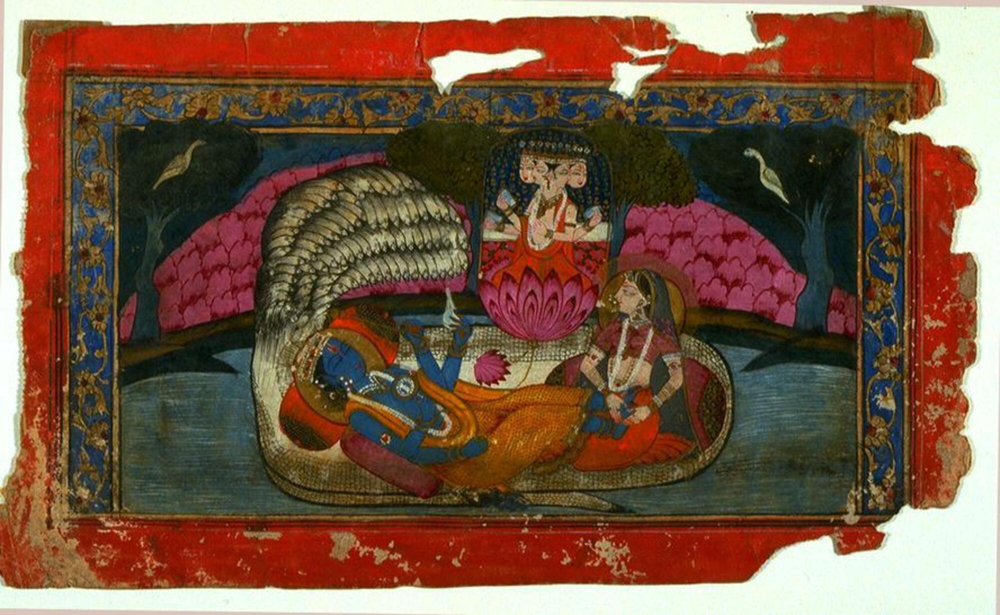 Two central figures are on a large snake; one a reclining blue-skinned figure, the other a seated female to his right. The female figure is holding his feet. A lotus flower grows out of his navel and from the lotus, a four-headed figure. The background is a landscape.