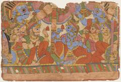 Large image painted with bold blues, reds, greens and yellows. Illustrates seven figures; three on the left half and four on the right. Several of the figures are pinching some sort of food substance. The figures that are closest to the right and left edges of the image also are holding weapons.