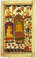 Nude Jina sitting on altar-like structure in center of image. The "altar" is sitting on a lotus flower. There are devotees on all four sides of Jina, a total of five persons. The devotee at the left is also nude. There are red and yellow flags, and various flowers scattered all over the image. There is a red and green border. The colors present are vivid reds, greens, yellows and deep blues.