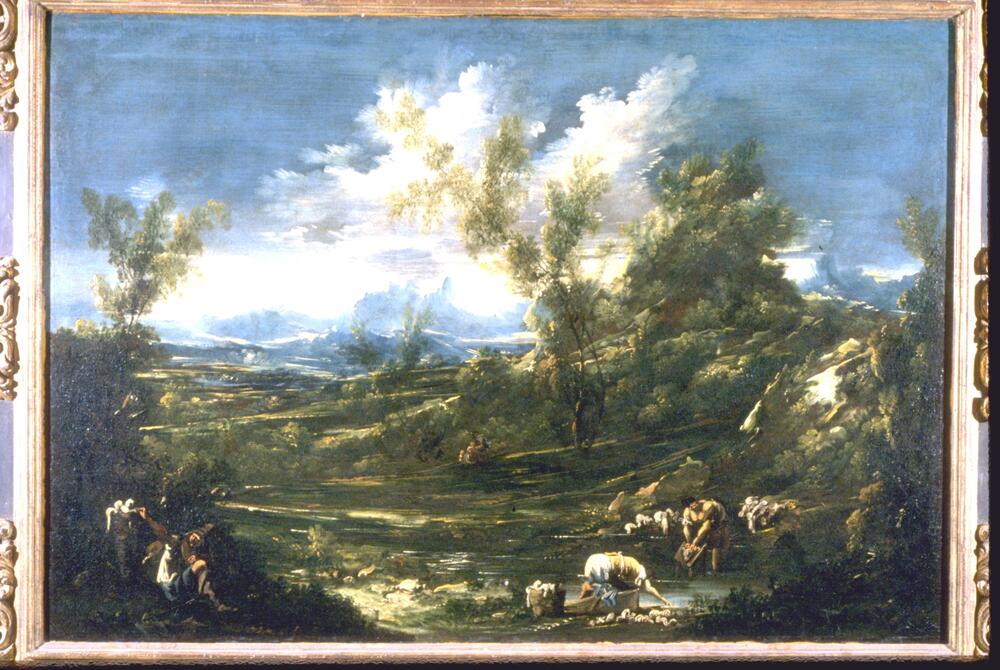This landscape scene has an expansive blue sky in the upper half of the composition contrasted with the dark countryside, painted in hues of dark green and brown, in the lower portion.  On the horizon, in between these two areas, is a mountain range with sharp pointed peaks. The forms of the bright white clouds mimick the foliage of the trees.<br />There are figures in the foreground area, although the rugged countryside shows no sign of habitation. On the right, two women are shown bending over, washing clothes in a small stream. There is a man sitting next to a laundry basket in the far left corner. A fourth figure, seen from the back only, is placed in the center area of the foreground.