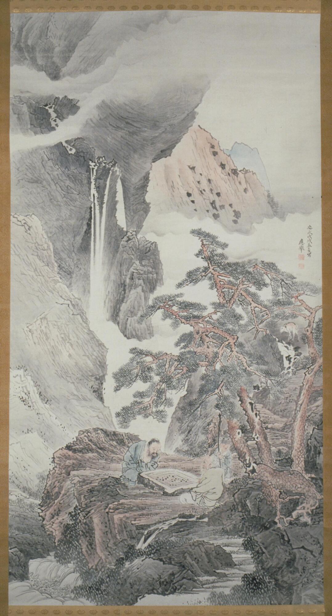 There are two scholars playing the board game Go on a cliffside and by a waterfall. One scholar is facing toward us and wearing blue, while the other scholar is facing away from us and wearing white. There is a stone path leading down, a tree hanging above them, a mountainside in the background from which the waterfall comes from, and mist coming from the waterfall.