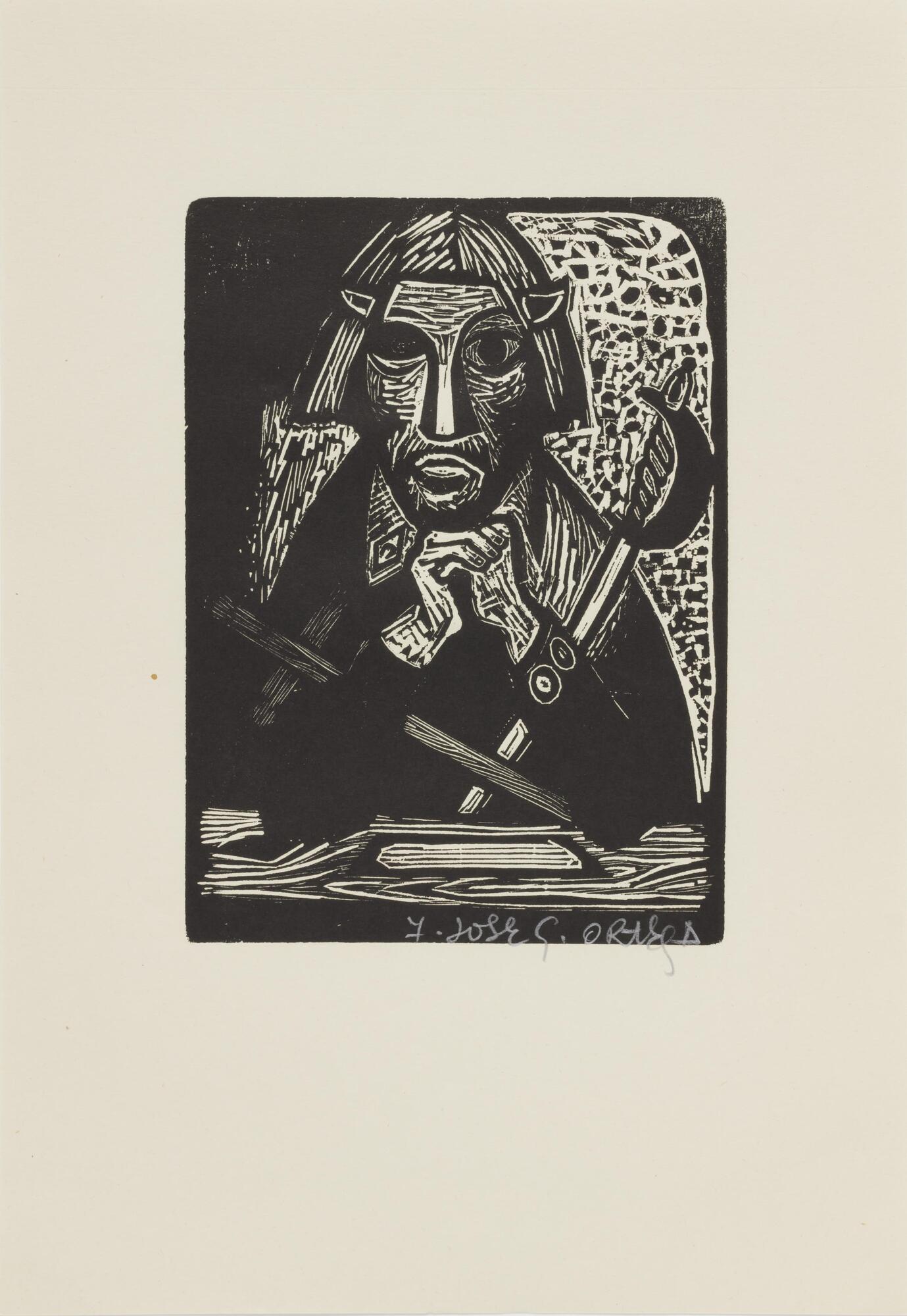 This woodblock print is a portrait of a man with his hands clasped below his chin. Two horns protrude from his forhead, a sword is angled across his body, showing the hilt. The print is signed (l.c.) "7 Pepe Ortega" in pencil.