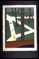 This work portrays a dynamic, umbrella-studded view of the University of Michigan Diag, based on sketches Saitô made during his trip to Ann Arbor in the fifties.