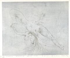 This etching depicts a nude woman: she is straining to look out. Her body is oriented on a diagonal with her legs splayed out. The print is titled, numbered, signed and dated in pencil at the bottom of the page.