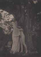 Two figures stand against a tree, hugging. One is a clothed adult woman and the other is a nude, young, female child.