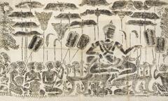 Image of Buddha and his followers on overlapping paper.