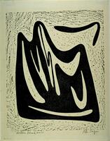 This black and white abstract print consists of a central form, a black almost square-shape with a wavy top edge and curvy areas within. A curved black line appears in the upper right portion of the work. Random dashes of black appear throughout the background of the print from the carving of the linoleum.
