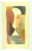 At the center of this lithograph is a multi-colored oval shaped face with one eye, atop an off-white triange. The face and triangle are surrounded by earth-tone shapes, including a stair-like form that extends down from the triangle's base. The print is signed and dated (l.r.) "Tobey 1970" and editioned (l.l.) "Proof" in pencil.
