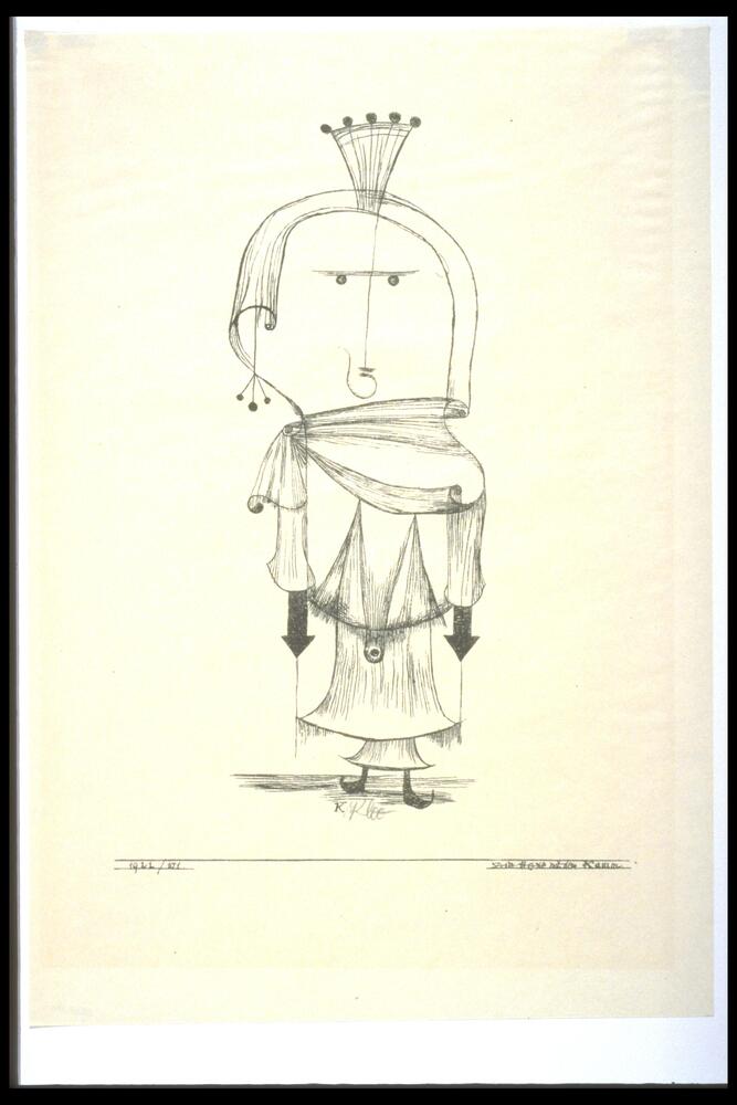 This image shows a line drawing of a standing figure. The figure has a large comb coming from the top of their head drawn with fanned-out lines and little circles along the top and wears a dress with a triangular pattern. He/she has arrows pointing downwards for arms. There are a few horizontal lines directly below and behind the figure to indicate shadow. The letter "K" is found at the bottom of the page, within the print plate and handwritten signature of the artist appears next to it. Below that is a horizontal line with the print edition and date in the lower left and the title of the work in the lower right.
