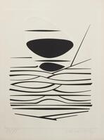 This print has a series of horizontal, intersecting lines at the bottom of the scene and, at the top, a large oval in relief with two smaller, black ovals within. The print is numbered (l.l.) "38/75" and signed (l.r.) "Vasarely" in pencil.