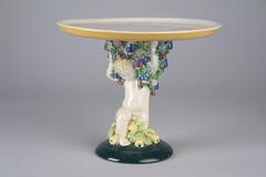 A stand with a narrow, decorated post and a wide, shallow plate top. The column is made of a young male child holding a large grouping of flowering plants. At his feet on the base are large leaves with fruit throughout.<br />The white earthenware body is molded with a figural putto column beneath stylized flowers and fruit above a round foot. The piece is hand decorated in multiple bright and natural colors in the Vienna Secessionist palette. The round foot is cobalt blue, the whole was overglazed in a glossy, clear glaze.