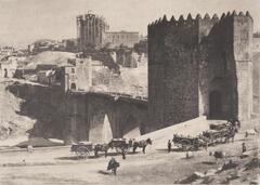 A photograph of the Bridge of St. Martin in Toledo, Spain. In the foreground, J. Craig Annan has captured horse-drawn wagons and men working, with the impressive architecture of the bridge set as the backdrop behind the figures. 