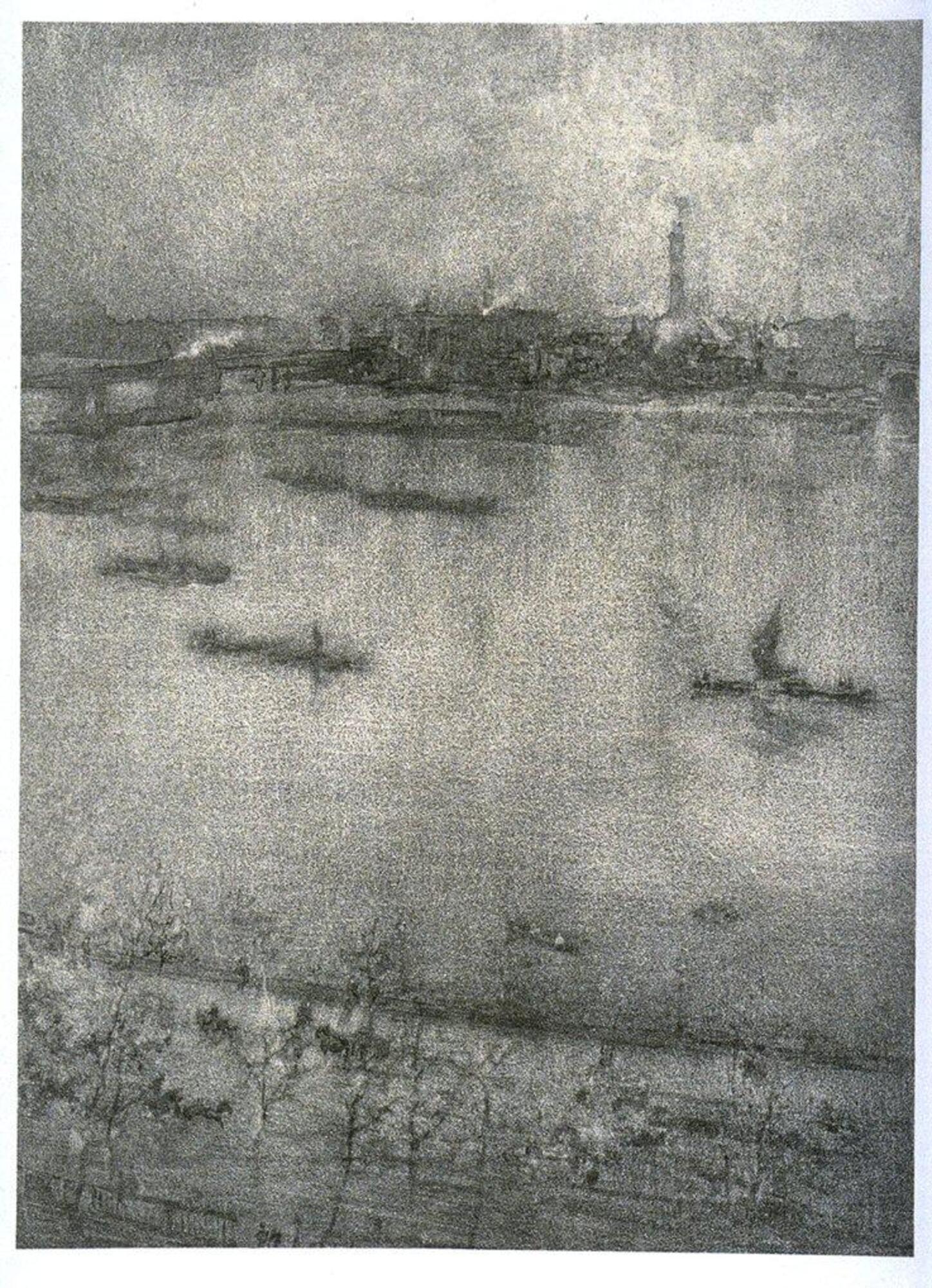 This work portrays a view across a river, whose surface is dotted with shipping. Drawn from a very high vantage point, a roadway is seen through a screen of nearly leafless trees at the bottom of the image; in the distance the far bank of the shore is congested with buildings, some towers--particularly a large one to the right of center--and smoke blowing away and to the right from the viewer can be seen.