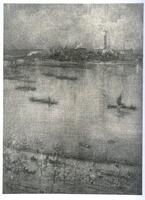 This work portrays a view across a river, whose surface is dotted with shipping. Drawn from a very high vantage point, a roadway is seen through a screen of nearly leafless trees at the bottom of the image; in the distance the far bank of the shore is congested with buildings, some towers--particularly a large one to the right of center--and smoke blowing away and to the right from the viewer can be seen.