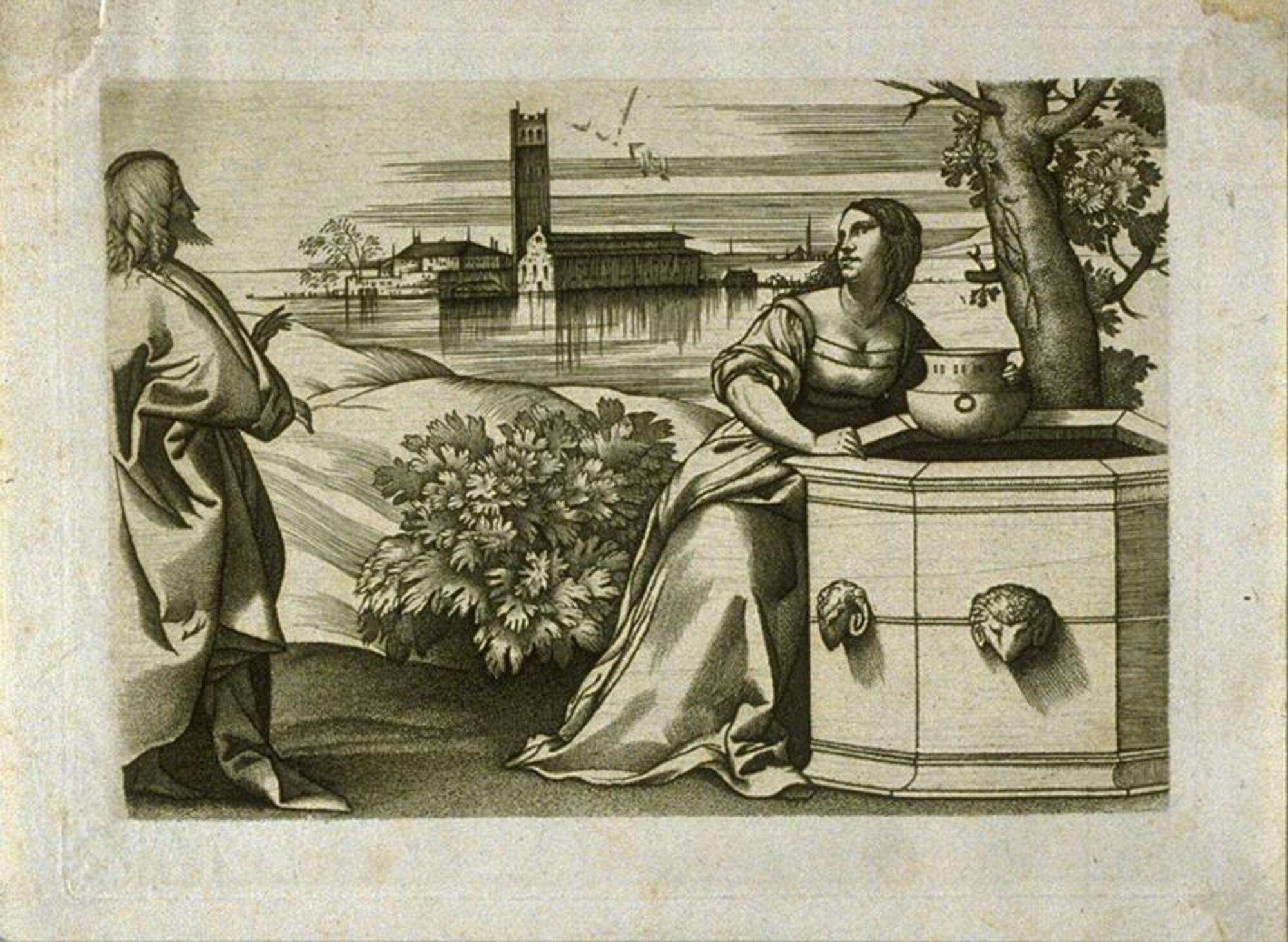 Woman holding basin leans against hexagonal well, Christ approaches from left. Set against a still body of water, interupted by buildings. Larson 2/12/18&nbsp;<br />
&nbsp;